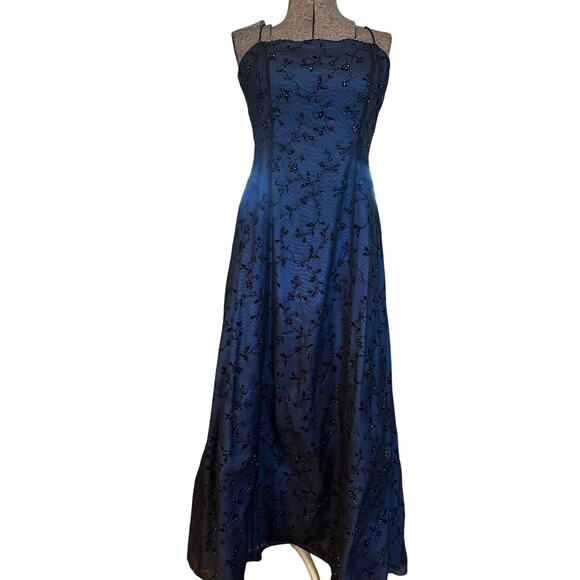 Besty & Adam 90s Vampy Gothic Beaded Mesh Overlay Prom Dress Maxi Black Blue 14 - Picture 2 of 16